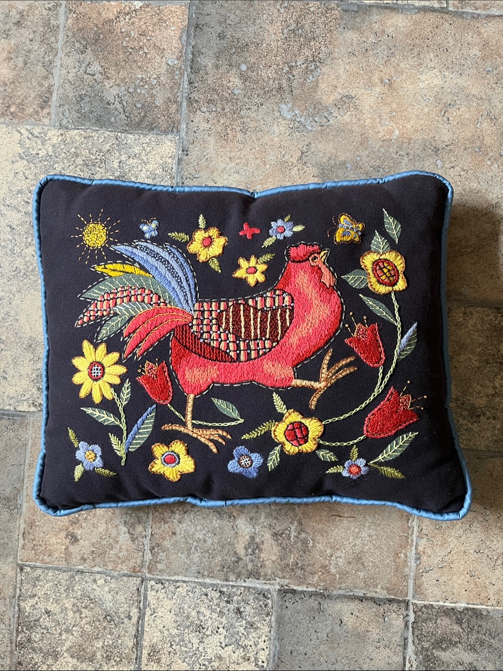 Handmade Pillow with Embroidered flowers and rooster
